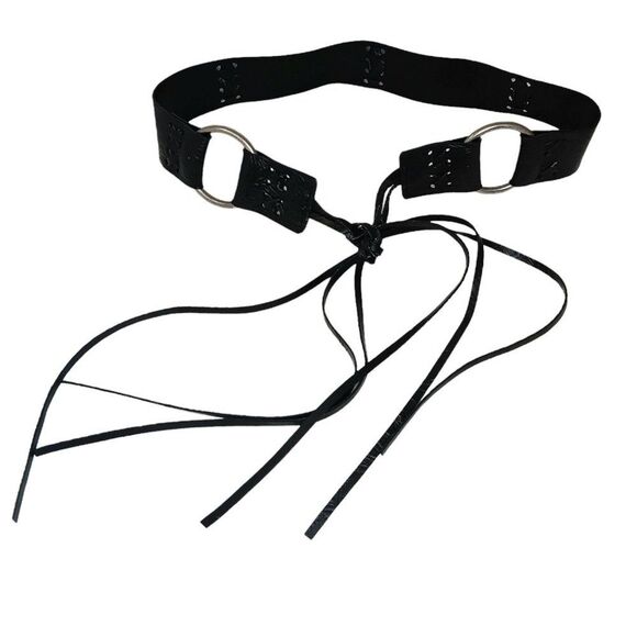 Black Leather Boho Belt Fringe Tassel Silver Metal Rings - Picture 2 of 10